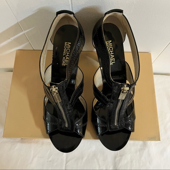 Michael Kors black leather strappy sandals high heels with silver zipper goth - Picture 3 of 8